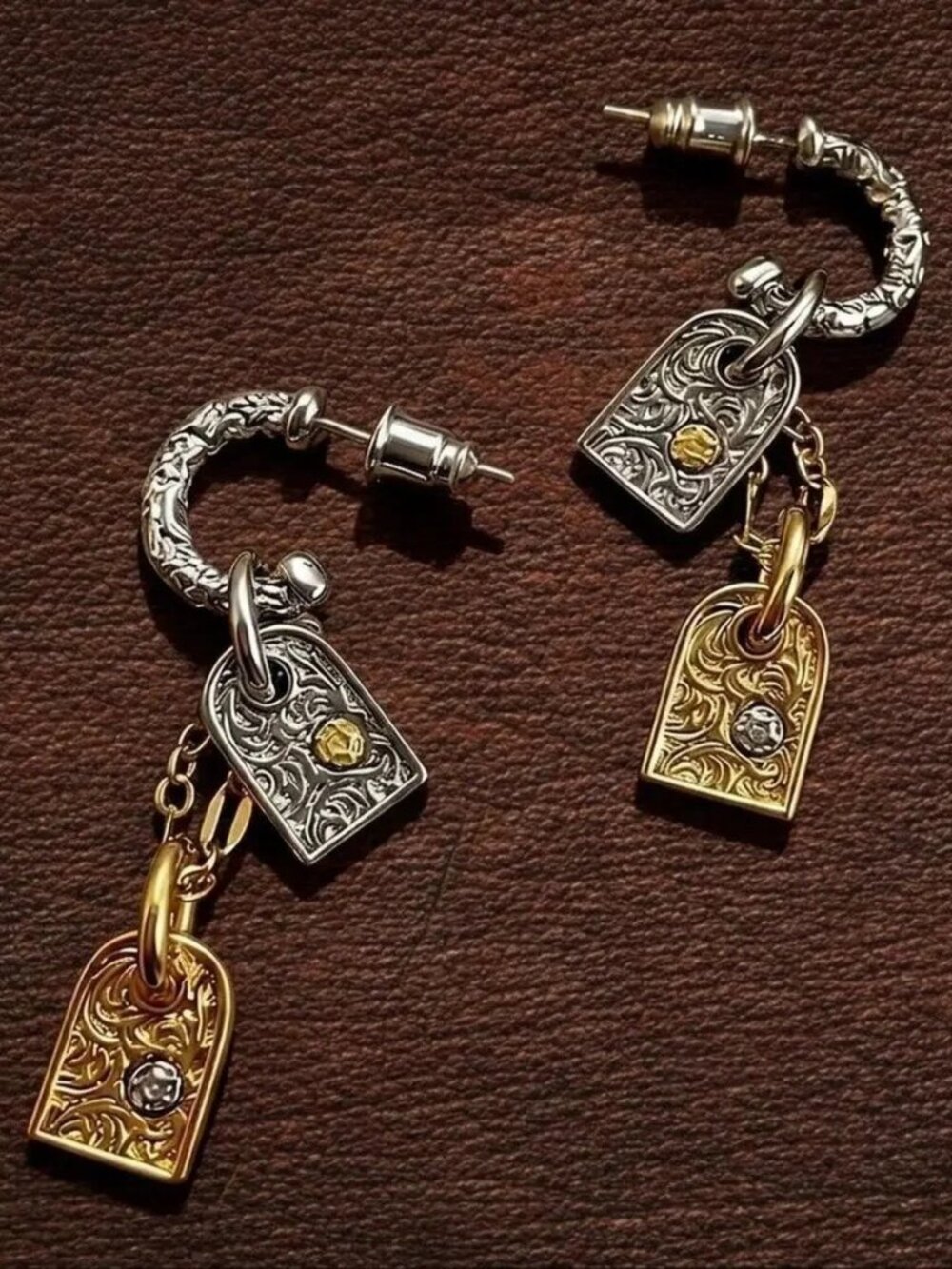 Artisan Hoop Lock Charm Earrings Sundance Stud Boho Scrollwork Chain Retro VTG